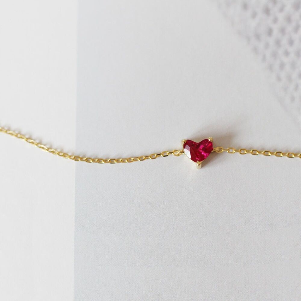 925 Sterling Silver Gold Heart Shape Zircon Dainty Bracelet Red Love Heart Gift - Picture 3 of 5